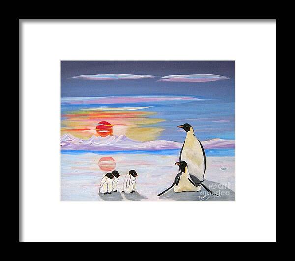 Male Peinguin Framed Print featuring the painting Penguin Family by Phyllis Kaltenbach