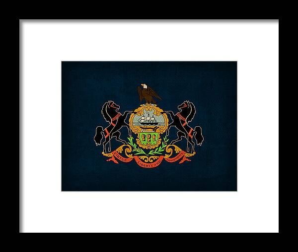Pennsylvania State Flag Art On Worn Canvas Pittsburgh Philadelphia Framed Print featuring the mixed media Pennsylvania State Flag Art on Worn Canvas by Design Turnpike