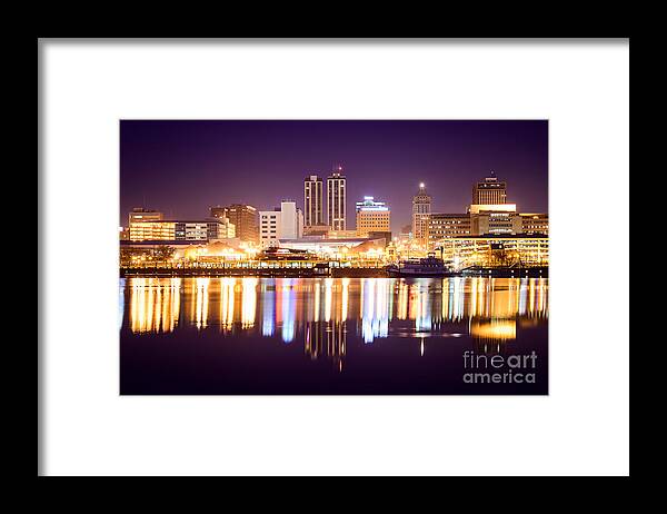America Framed Print featuring the photograph Peoria Illinois at Night Downtown Skyline by Paul Velgos