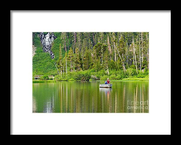 Lake Reflection Fishing Boat Waterfall Forest Morning Mountain M Framed Print featuring the photograph Perfect Sunday - Two people fishing on a lake in Mammoth California. by Jamie Pham