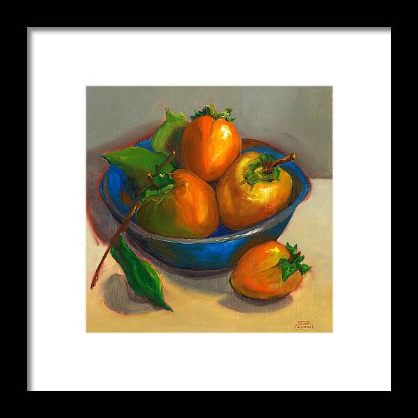 Persimmons Framed Print featuring the painting Persimmons in Blue Bowl by Susan Thomas