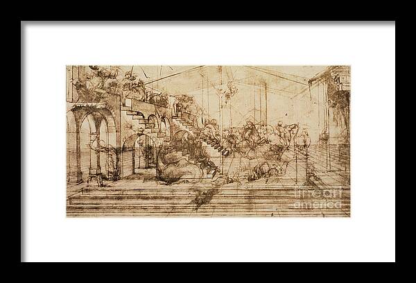 Staircase Framed Print featuring the drawing Perspective Study for the Background of the Adoration of the Magi by Leonardo da Vinci