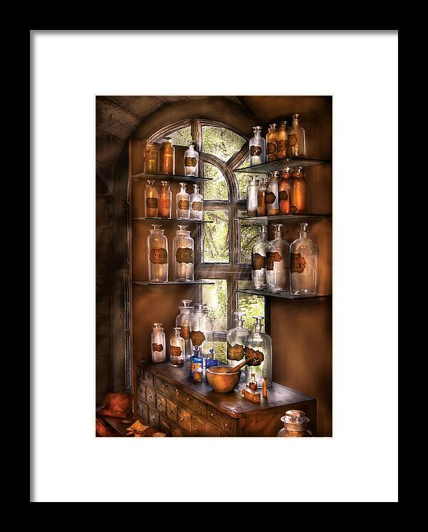 Pharmacy Framed Print featuring the photograph Pharmacist - Various Potions by Mike Savad
