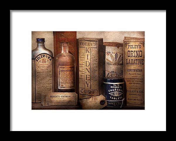Savad Framed Print featuring the photograph Pharmacy - Cures for the Bowels by Mike Savad