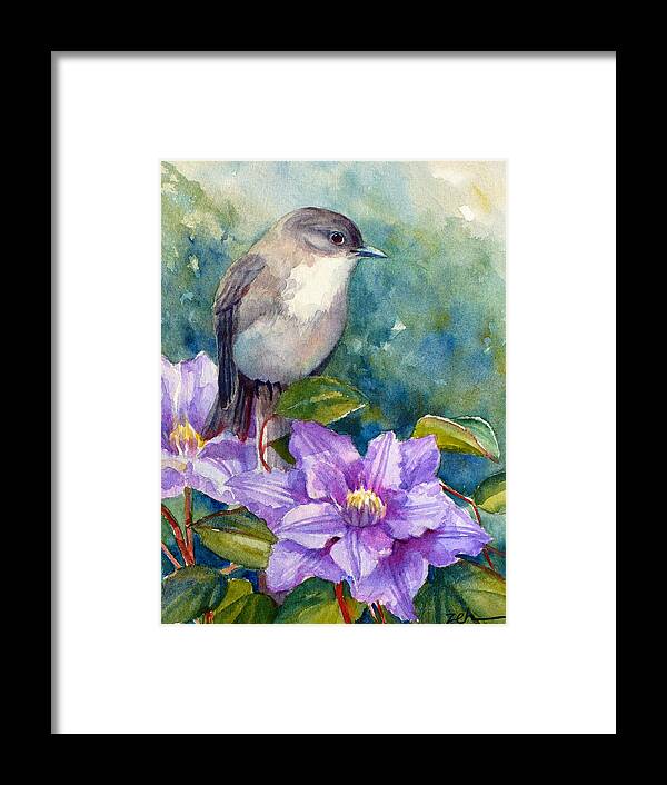 Bird Print Framed Print featuring the painting Phoebe and Clematis by Janet Zeh