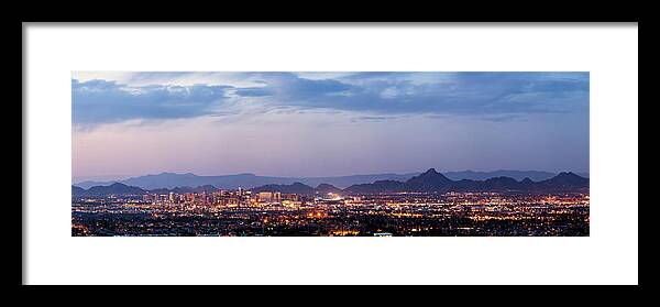 Scenics Framed Print featuring the photograph Phoenix And Scottsdale Dusk Panorama by Picturelake