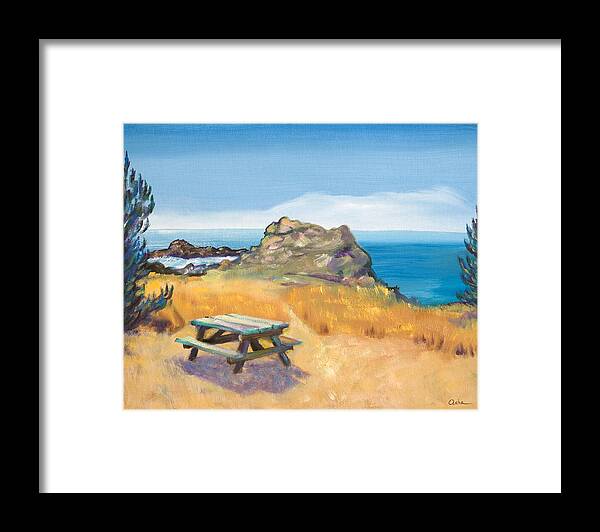 Seascape Painting Framed Print featuring the painting Picnic Table and Ocean with Yellow Field by Asha Carolyn Young