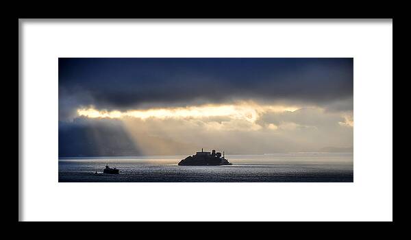 Alcatraz Framed Print featuring the photograph Piercing through Darkness Light Shines on the Rock by Joel Thai