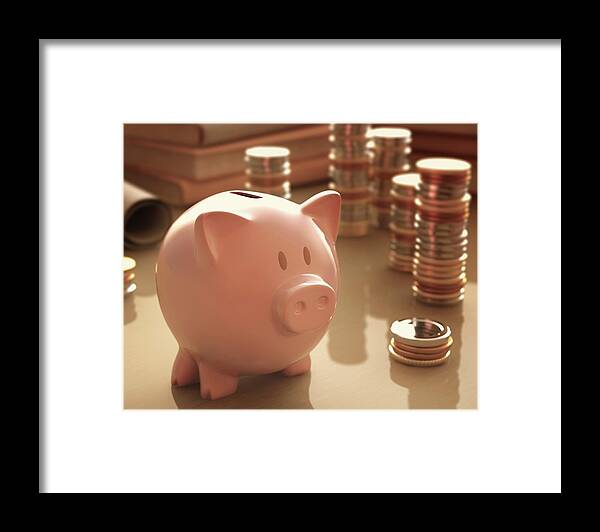Artwork Framed Print featuring the photograph Piggy Bank And Coins by Ktsdesign
