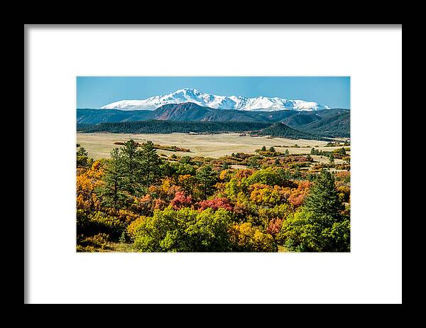 Colorado Mountains Framed Print featuring the photograph Pikes Peak over Scrub Oak by Dawn Key