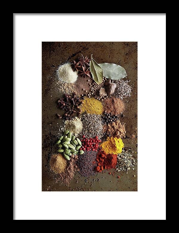 San Francisco Framed Print featuring the photograph Piles Of Various Spices On Metal Surface by Maren Caruso
