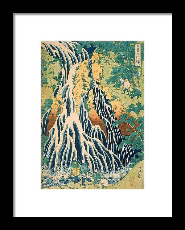 Katsushika Hokusai Framed Print featuring the drawing Pilgrims at Kirifuri Waterfall on Mount Kurokami in Shimotsuke Province by Katsushika Hokusai