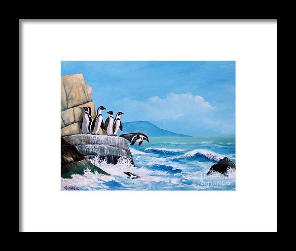 Pinguins Framed Print featuring the painting Pinguinos de Humboldt by Jean Pierre Bergoeing