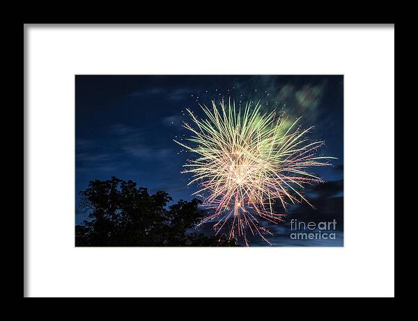 Fireworks Framed Print featuring the photograph Pink and Green by Timothy Hacker