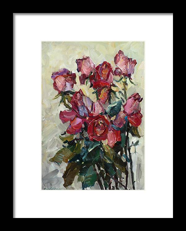 Roses Framed Print featuring the painting Pink roses by Juliya Zhukova