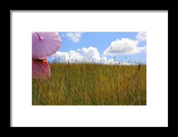 Umbrella Framed Print featuring the photograph Pink Umbrella in the Meadow by Maggie Mccall