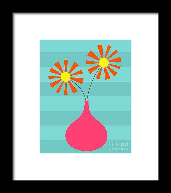 70s Framed Print featuring the digital art Pink Vase on Blue by Donna Mibus