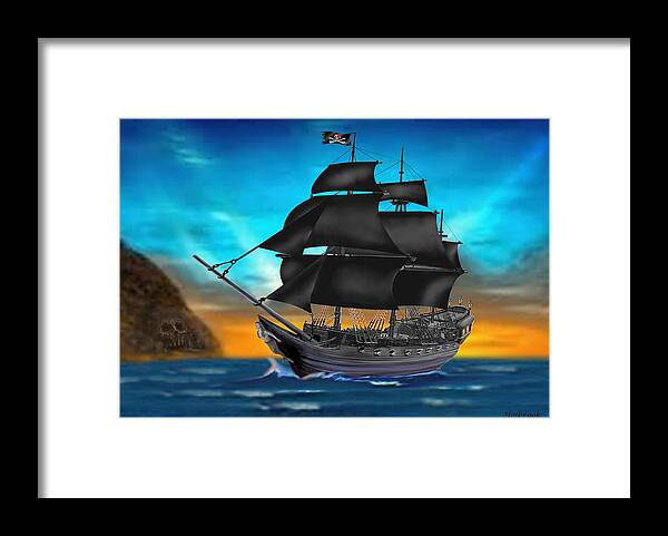 Pirate Ship At Sunset Framed Print featuring the digital art Pirate Ship At Sunset by Glenn Holbrook
