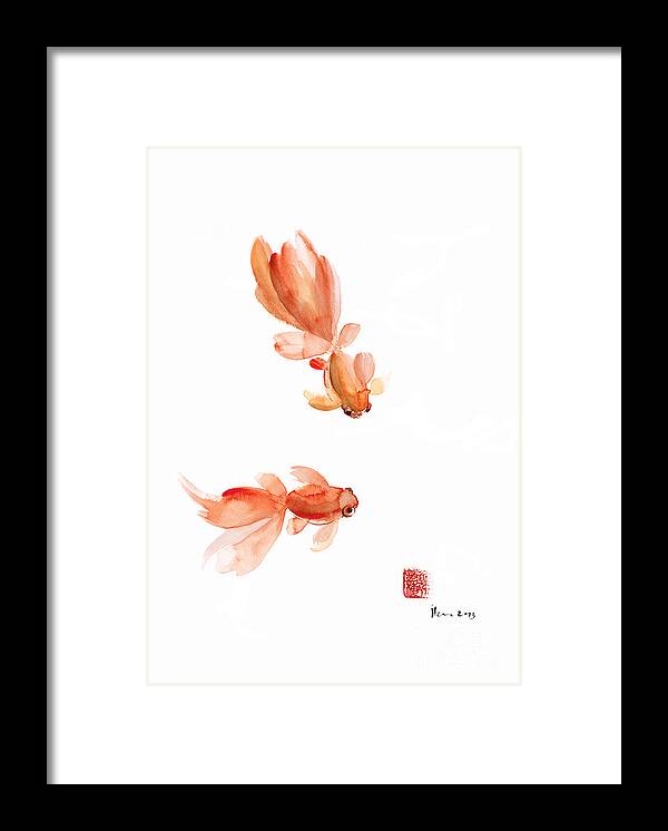 Pisces Framed Print featuring the painting PISCES Zodiac Fishes Orange Red Pink Fish Water Goldfish watercolor painting by Mariusz Szmerdt