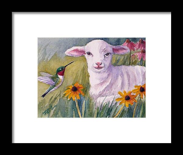 Baby Animals Framed Print featuring the painting Pissaro and the Lamb by Janet Zeh