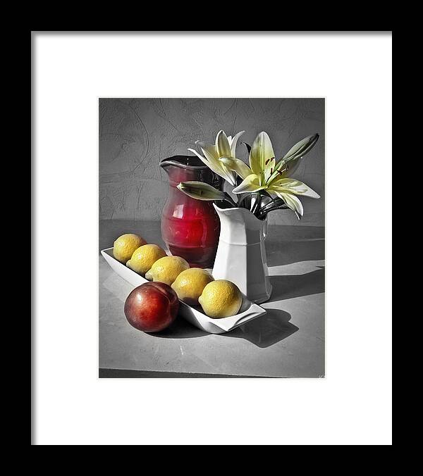 Still Life Framed Print featuring the photograph Pitchers with Lemons and Nectarine by Lily Malor