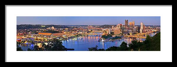 Pittsburgh Skyline Framed Print featuring the photograph Pittsburgh Pennsylvania Skyline at Dusk Sunset Extra Wide Panorama by Jon Holiday