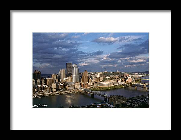 Architecture Framed Print featuring the photograph Pittsburgh Skyline at Dusk by Jeff Goulden