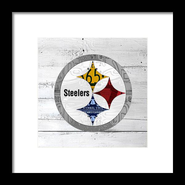 Pittsburgh Framed Print featuring the mixed media Pittsburgh Steelers Football Team Retro Logo Pennsylvania License Plate Art by Design Turnpike