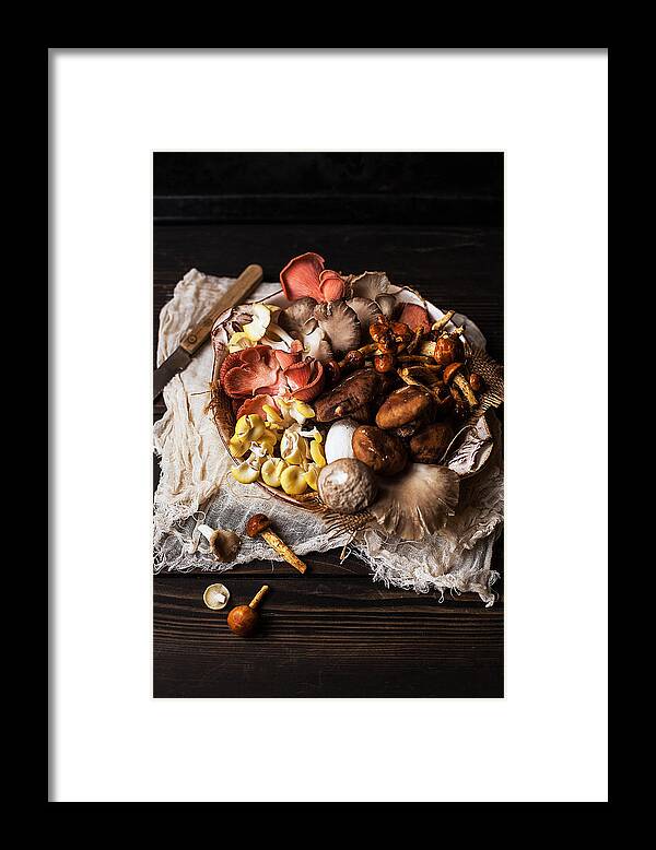 San Francisco Framed Print featuring the photograph Plate Of Mixed Mushrooms On Wooden Table by One Girl In The Kitchen