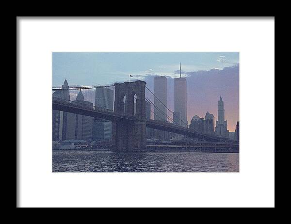Architecture Framed Print featuring the photograph Pointillistic Brooklyn Bridge Lower Manhattan by Tom Wurl