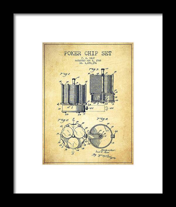 Poker Framed Print featuring the digital art Poker Chip Set Patent from 1928 - Vintage by Aged Pixel