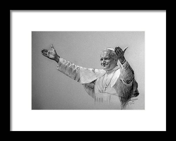 Pope John Paul Ii Framed Print featuring the drawing POPE JOHN PAUL II bw by Ylli Haruni