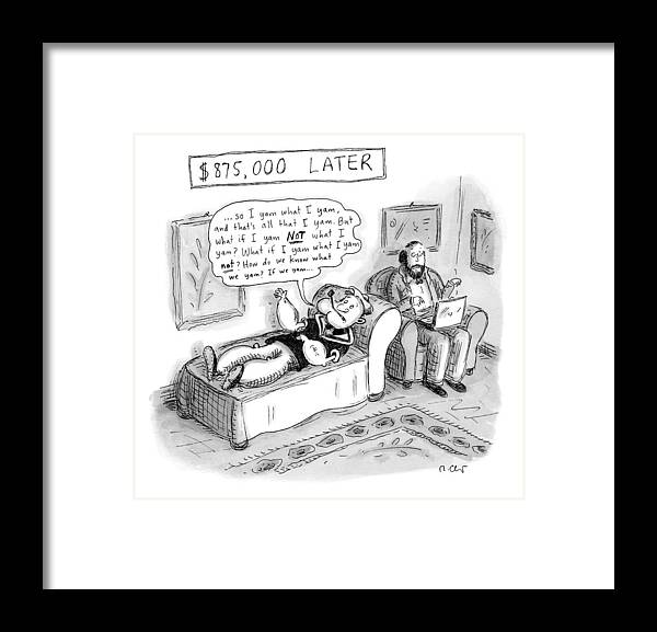 Popeye Framed Print featuring the drawing Popeye Lies On A Couch At Psychiatrist. Speaks by Roz Chast