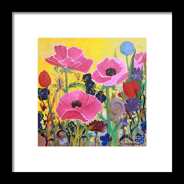 Poppies Framed Print featuring the painting Poppies and Time Traveler by Robin Pedrero