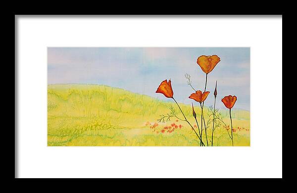 Poppies Framed Print featuring the tapestry - textile Poppies in a field by Carolyn Doe