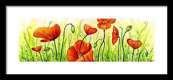 Poppies Framed Print featuring the painting Poppy Field by Annie Troe