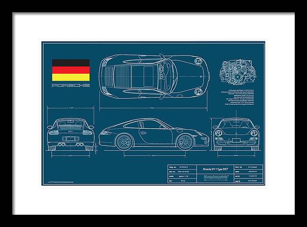 Automotive Drawings Framed Print featuring the digital art Porsche 911 Type 997 Coupe by Douglas Switzer