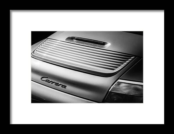 Porsche Carrera Rear Emblem Framed Print featuring the photograph Porsche Carrera Rear Emblem -1049bw by Jill Reger