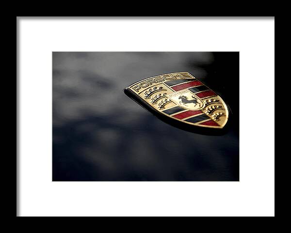 Horse Framed Print featuring the photograph Porsche Logo on Black, Macro by Andreafidone