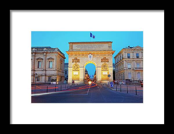 Arch Framed Print featuring the photograph Porte Du Peyrou Triumphal Arch At Dusk by Allan Baxter