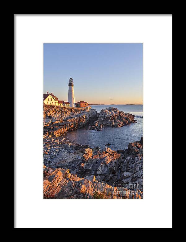 Cape Elizabeth Framed Print featuring the photograph Portland Head light lighthouse at sunrise Maine by Ken Brown