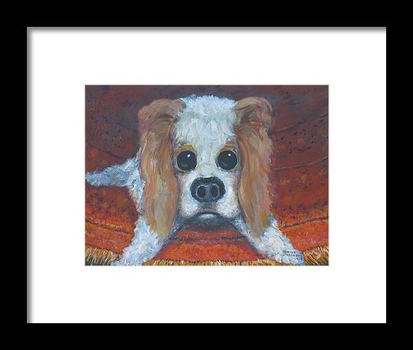 Puppy Framed Print featuring the painting Portrait of a puppy by Samuel Daffa