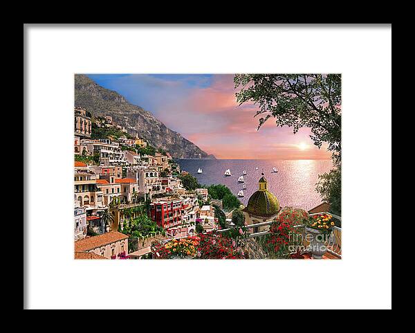 Positano Framed Print featuring the digital art Positano by MGL Meiklejohn Graphics Licensing