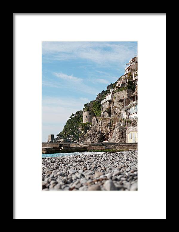 Town Framed Print featuring the photograph Positanos Pebbled Shore And Saracen by Driendl Group