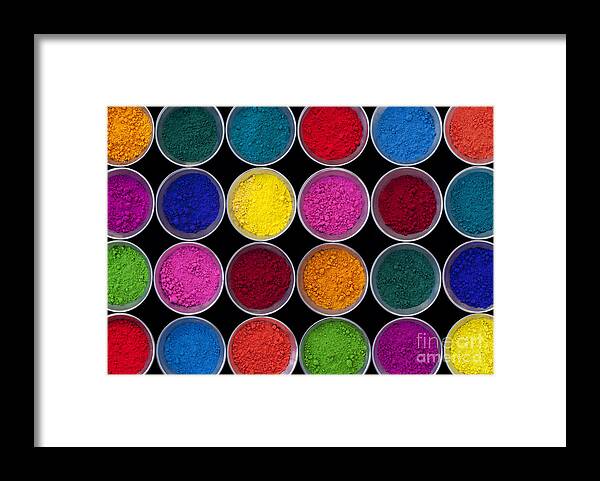 Pots Of Indian Coloured Powder Framed Print featuring the photograph Pots of Coloured Powder Pattern by Tim Gainey