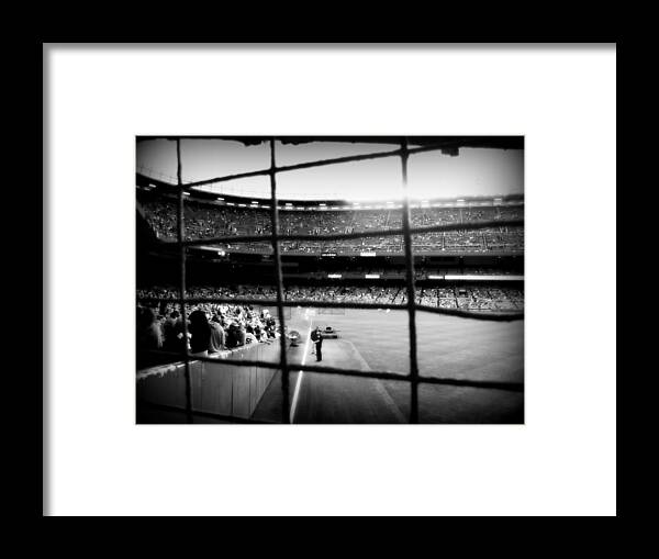 Yankee Stadium Framed Print featuring the photograph POV Right Field Foul Pole Original Yankee Stadium in Black and White by Aurelio Zucco