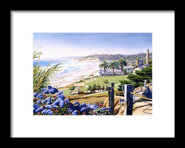Powerhouse Framed Print featuring the painting Powerhouse Beach Del Mar Blue by Mary Helmreich