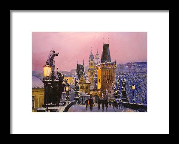 Acrilic Framed Print featuring the painting Prague Charles Bridge Winter Evening by Yuriy Shevchuk