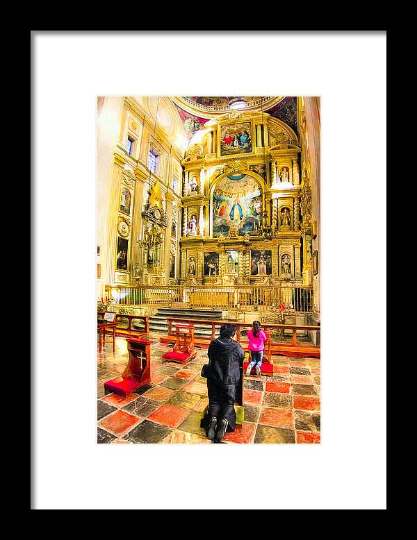 Puebla Framed Print featuring the photograph Praying at the Altar in Puebla Cathedral by Mark Tisdale