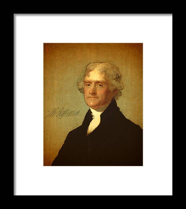 President Thomas Jefferson Portrait Signature Framed Print featuring the mixed media President Thomas Jefferson Portrait and Signature by Design Turnpike